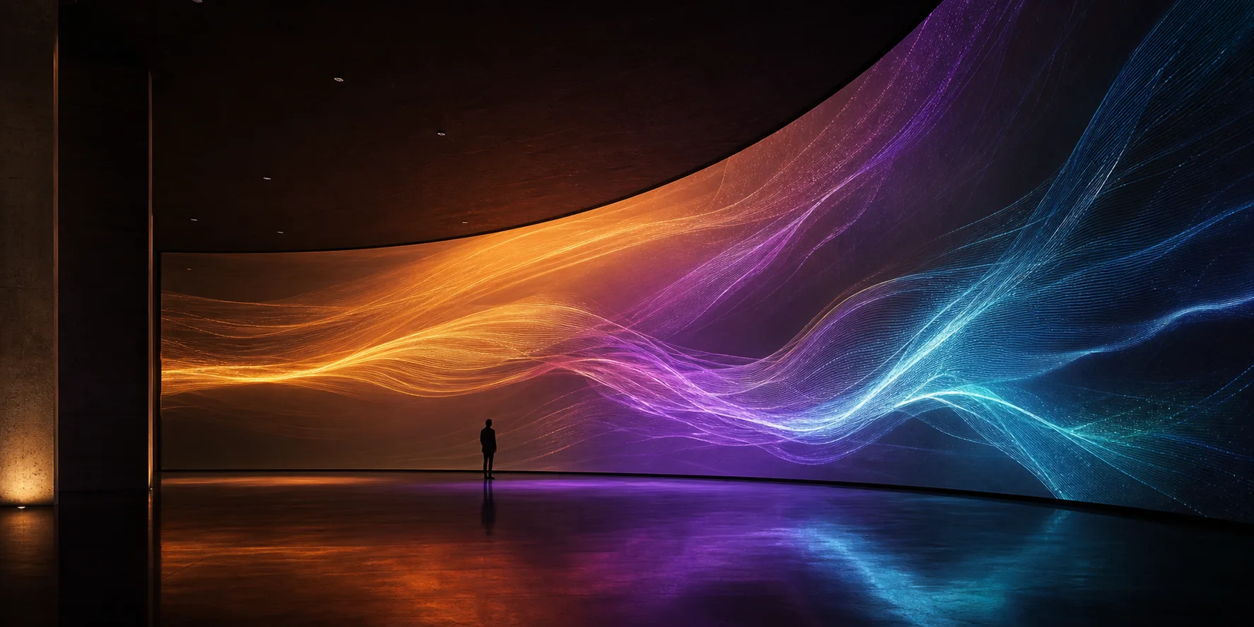 Installation numérique immersive aux flux lumineux colorés